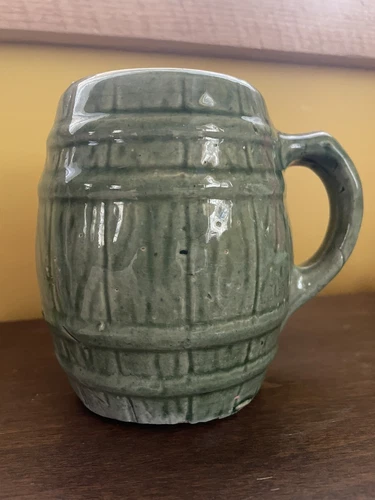 Vintage 1920-30's McCoy Large Coffee Mug Green Stoneware Barrel Cottage Grandma