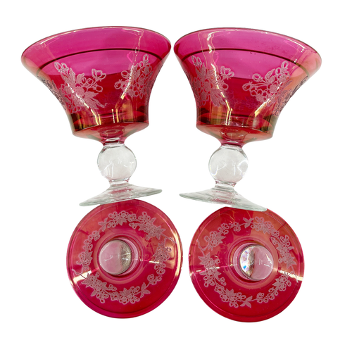 Pair Vintage Cranberry Glass Flash Etched Ball Stem Pedestal Lidded Candy Jars - Picture 10 of 11