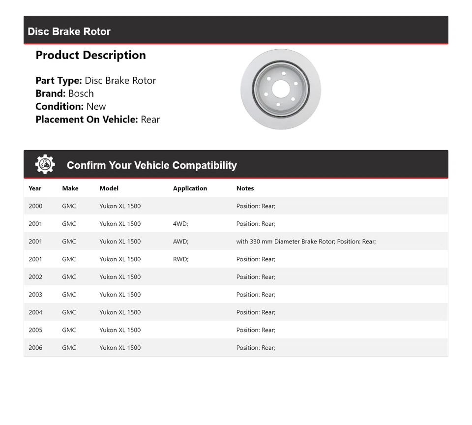 For 2000-2006 GMC Yukon XL 1500 Bosch QuietCast Disc Brake Rotor Rear 2001 2002 - Image 2 of 4