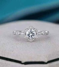 1.5Ct Round Natural Moissanite Flower Halo Engagement Ring 14k White Gold Plated