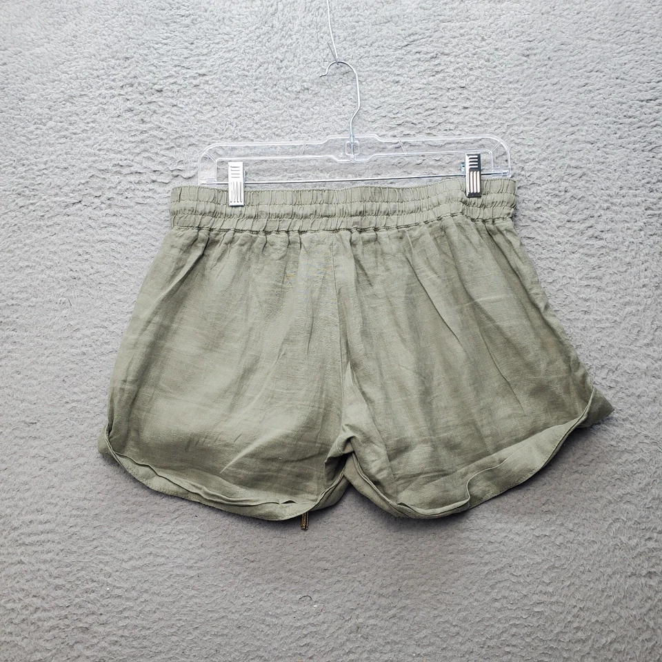 Pantalones Cortos GUESS Para Mujer Pequeños Bolsillos de Lino Verde Cintura Elástica Cordón Plegable Foto 2 de 4