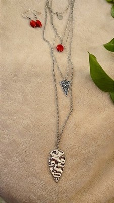 Silver Tone Layer Necklace western chic red arrowhead Jewelry Set Fashion Long 