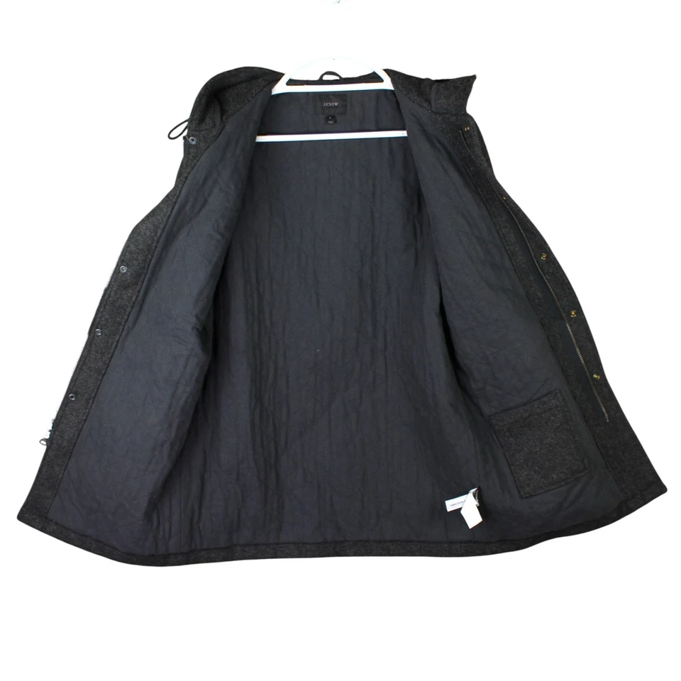 J Crew Mens 100% Wool 3M Thinsulate Hooded Coat Zip Snap Mens Medium Gray Preppy - Image 4 of 4