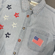 Vtg 90's Embroidered Denim Shirt Sz M Button Up L/S Patriotic 4th July USA