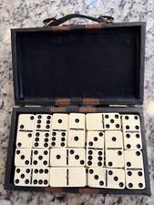 Vintage Domino Set 28 Tiles with Brass Spinners and a Leatherette Carrying Case