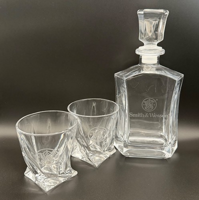 #ad Mark amp; Bond Custom Smith amp; Wesson Argos Decanter and two Samp;W Logo Liquor Glasses $100.00