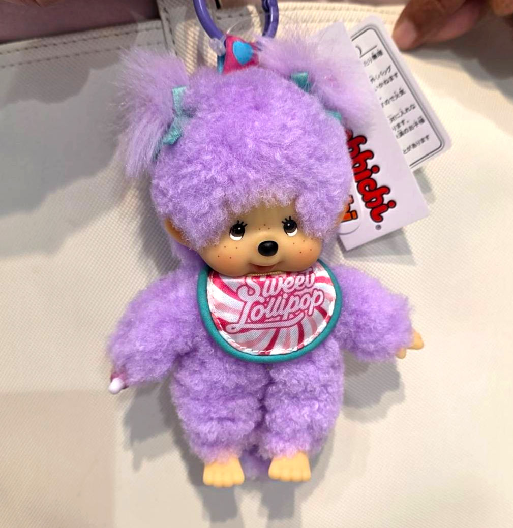 moni moni Animals もちもちましゅ　おにぎり大魔神　激レア Monchhichi Purple Plush Sweet Lollipop Keychain Doll – Cute Mini