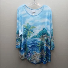 Alfred Dunner Waikiki Hawaii Tropical Scenic Knit Tunic Top Blue Size 2X NWT