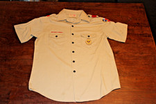 Boy Scouts of America BSA Men's Shirt Tan Large Sewn Patches Short Sleeve Spots