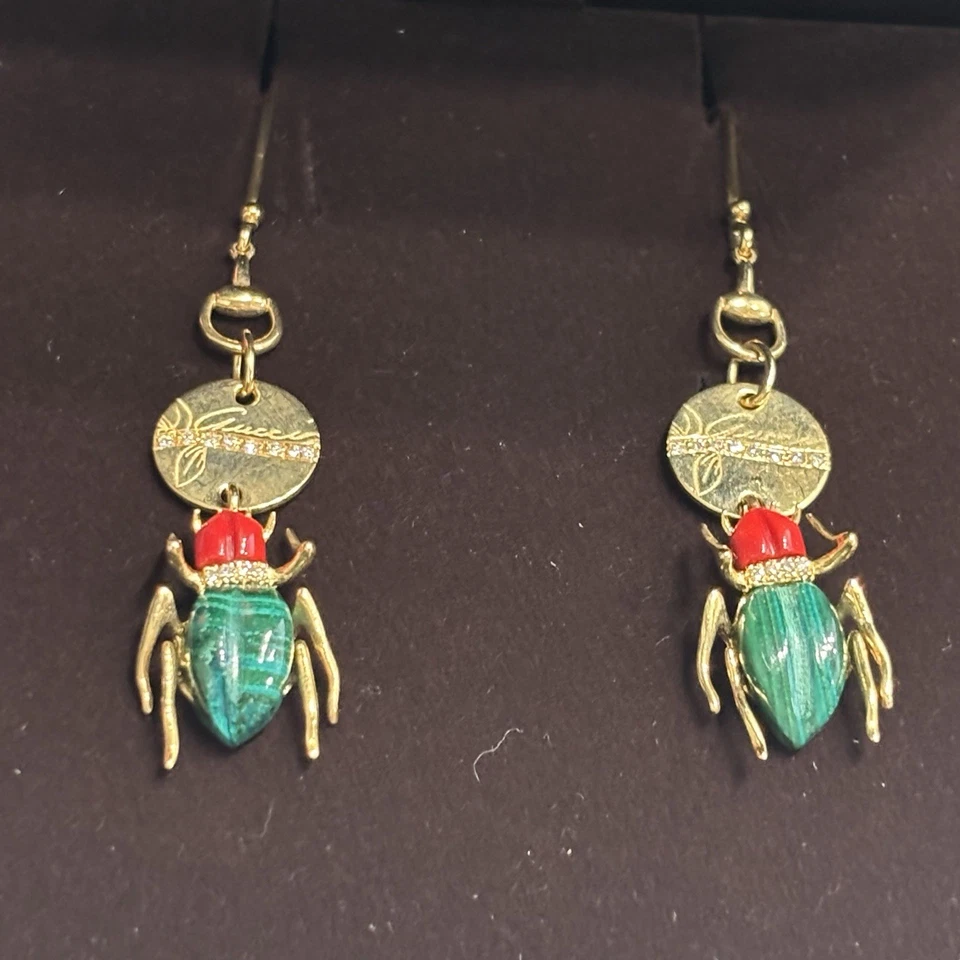 Pendientes Gucci Oro Amarillo 18k Diamante Malaquita Cornalina Escarabajo Logo Foto 4 de 4
