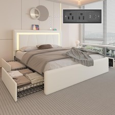 Queen Size Bed Frame with 4 Storage Drawers and LED Lights, Upholstered Platform