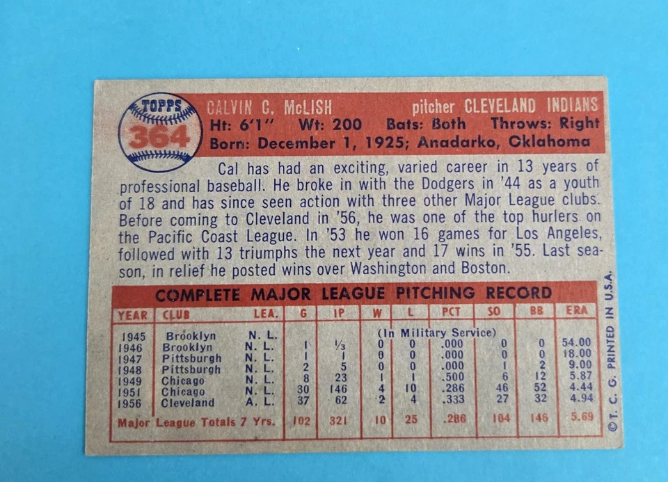 1957 Topps RC #364 Cal McLish Cleveland Indians BASEBALL Card 9D - Image 2 of 2