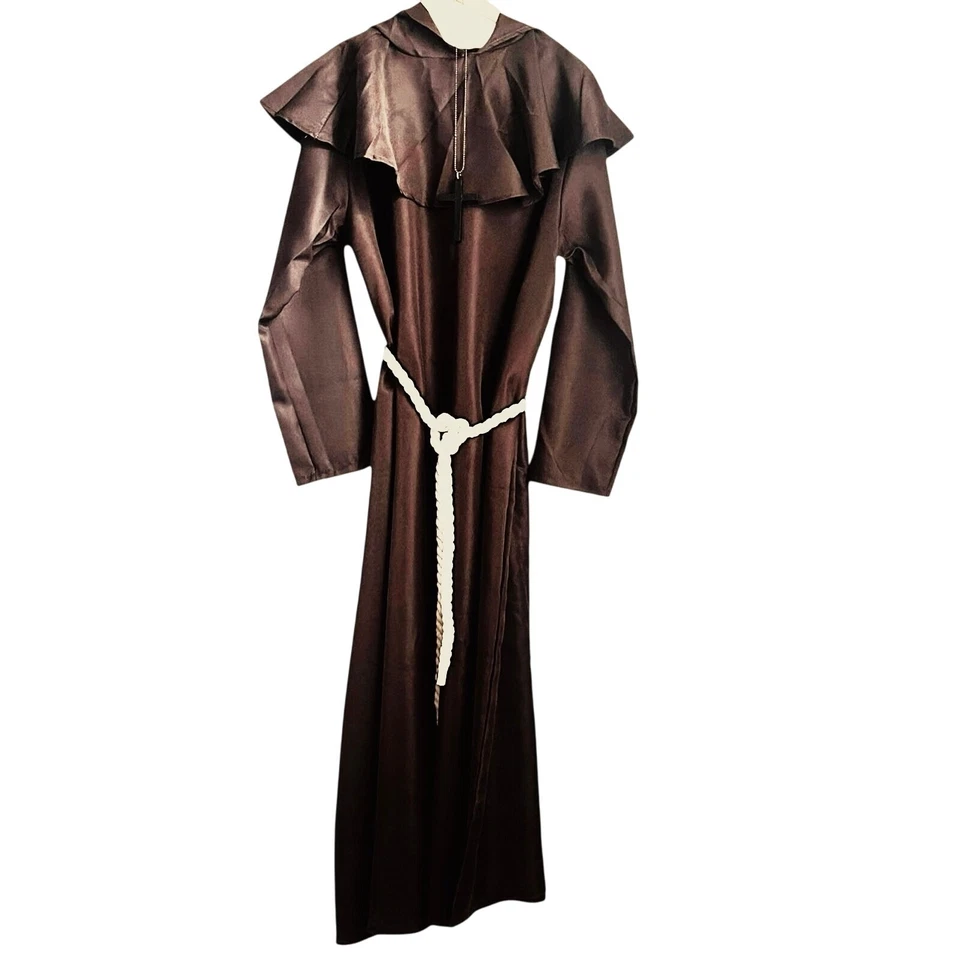 Disfraz de túnica de monje marrón XL capa con capucha cuerda cinturón y taza fraile medieval Halloween Foto 3 de 4