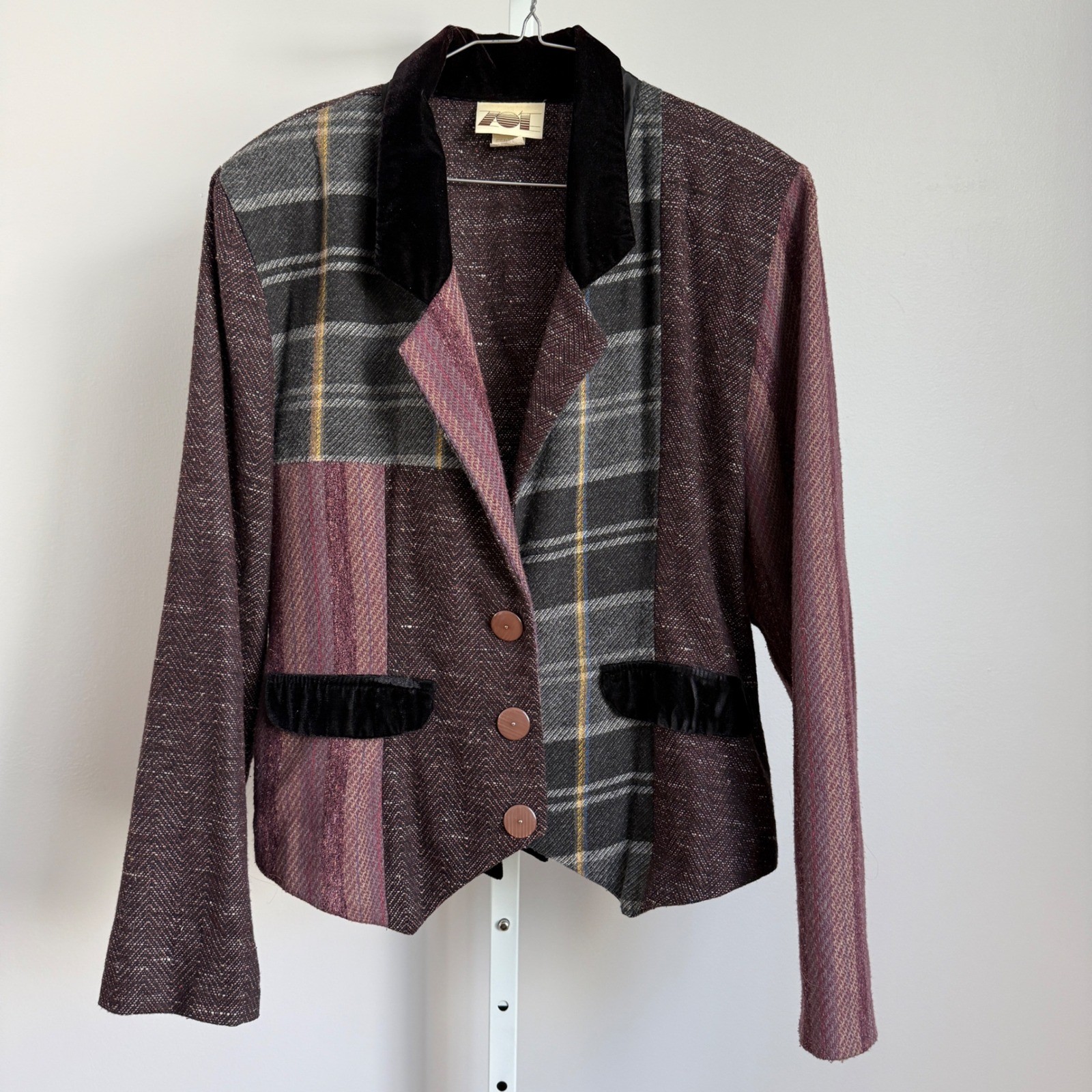 Patchwork Blazer Jacket Velvet Collar Plaid Textu… - image 1