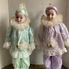 VNTG Harlequin Jester Clown Porcelain & Satin Dolls Set of 2 17” w/Stands