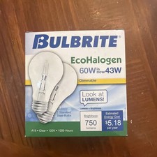 Bulbrite 115042 43W A19 Clear Halogen Bulbs 60W Equivalent 2-Pack NOS