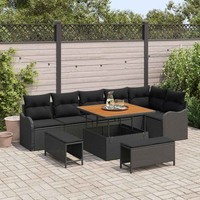 9 Teiliges Garten Sofaset Mit Kissen Schwarz Poly-Rattan Akazie, 2-Sitzer Garten