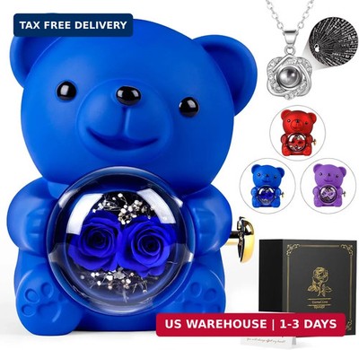 Rose Bear Teddy with Necklace Gift Box for Girlfriend, Cute Forever Flower Bear