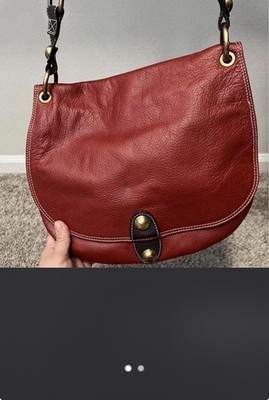 Vera Pelle Italian Red Shoulder Bag Contrast Stitching Gold Hardware Brown Strap