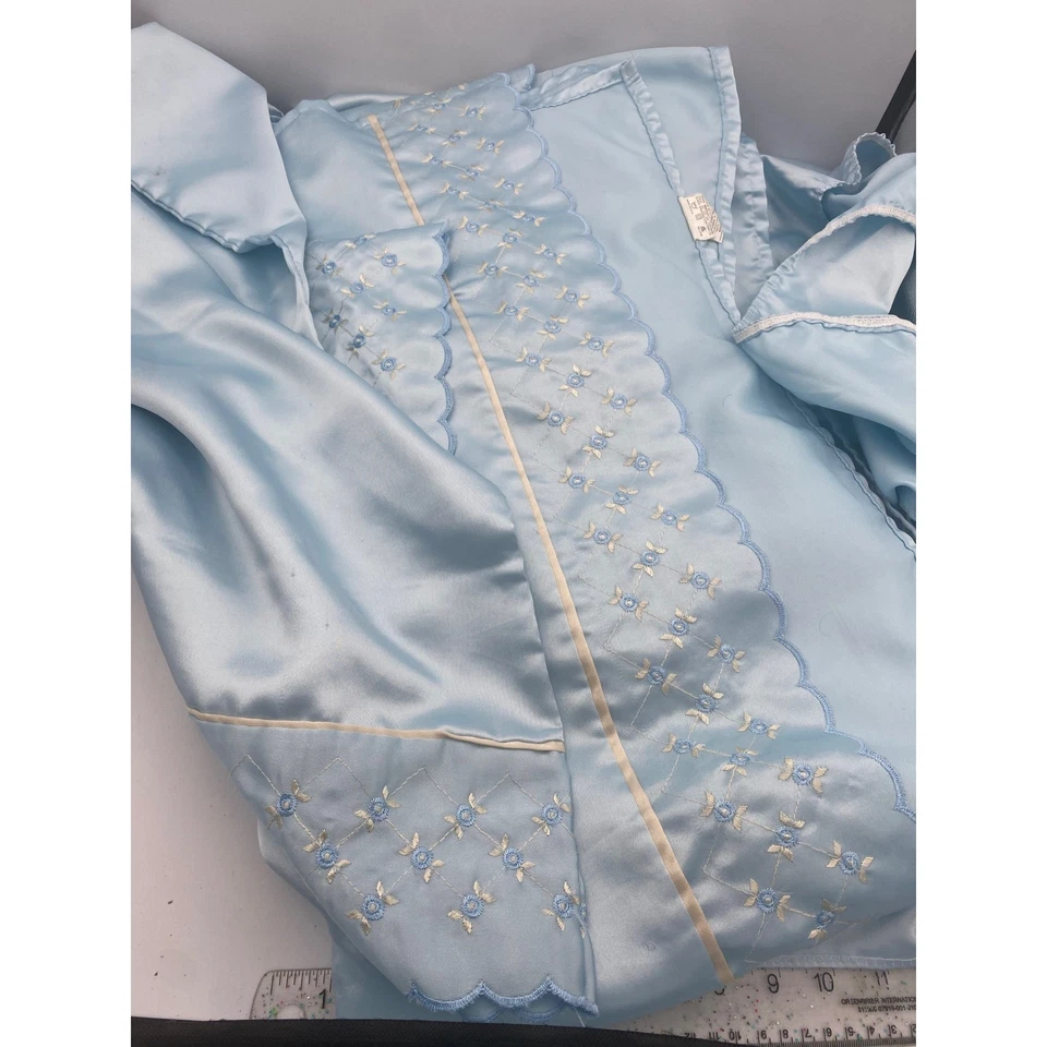 复古大号床缎面床单套装蓝色花卉刺绣扇形边缘很好美国 — 第 3/4 张图片