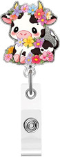 Badge Reel Retractable Cute Cow Design ID Pink Acrylic Alligator Clip Glossy Flo
