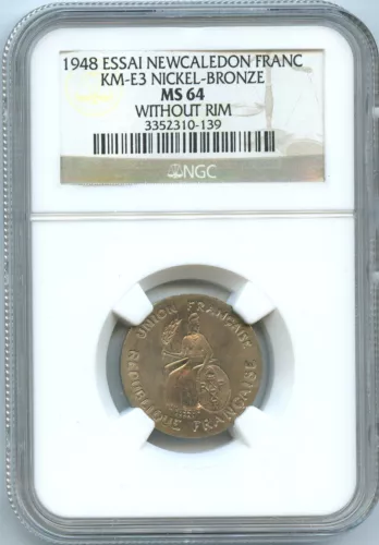 New Caledonia 1 Franc ESSAI 1948 KM E3 NGC MS 64