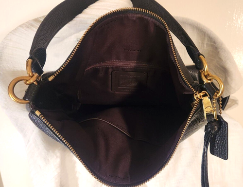Coach Handtasche genarbtes Leder groß Schultertasche schwarz & Messing mit Anhänger - Bild 14 von 17