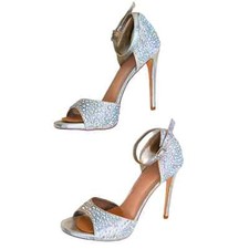 LAUREN LORRAINE Crystal Stiletto Silver Rhinestone Heel Sandal Ankle Strap Sz 9