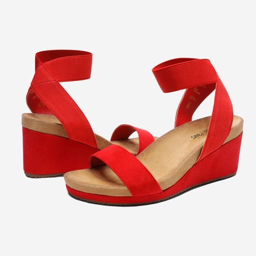 Damenschuhe elastische Knöchelriemen offene Zehenpartie Plateau Keilabsatz Sandalen - Bild 25 von 29