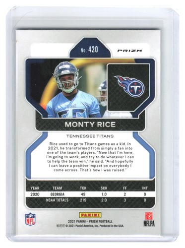2021 Panini Prizm Monty Rice ROOKIE RC Red White Blue Parallel #420 Titans - Picture 2 of 2