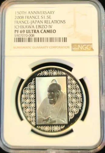 2008 FRANCE SILVER 1.5 EURO ICHIKAWA EBIZO IV PAINTING NGC PF 69 ULTRA CAMEO TOP