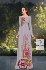 Ao Dai Vietnamese Silk Print 3D , Designer Flowers Long Dress With Pants