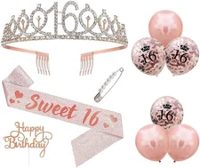 Sweet 16 Birthday Decorations Set Satin Sash Crystal Tiara Crown & Balloons NEW