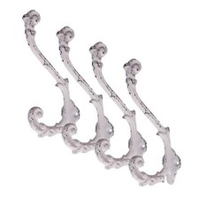 Vintage Cast Iron Wall Hooks Antique White Finish Set of 4 - Rustic Farmhouse...