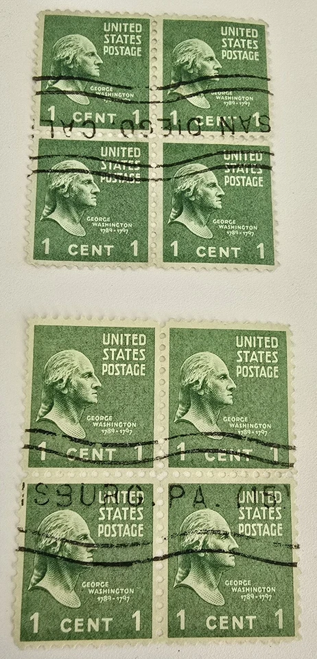 2X PLATE BLOCK OF 4 ONE CENT STAMPS. GREEN GEORGE WASHINGTON. USED. - Image 4 of 4