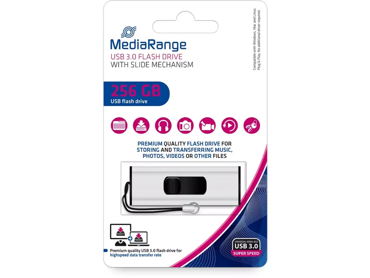 Clé USB 256 Go hyper rapide transfert instantané MediaRange coulissante