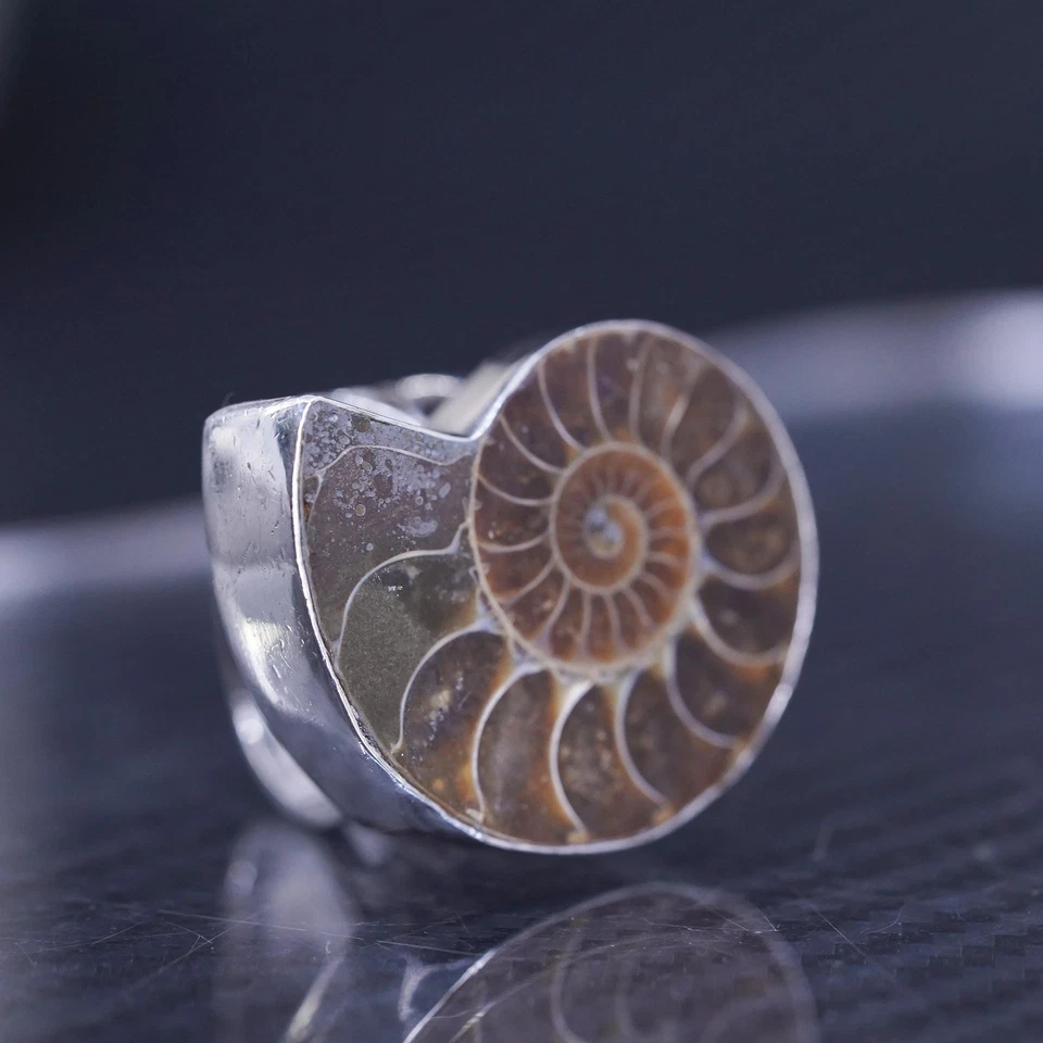 tamanho 5.5, anel de amonita de prata esterlina 925 | Joia mexicana, concha fóssil - Imagem 4 de 4