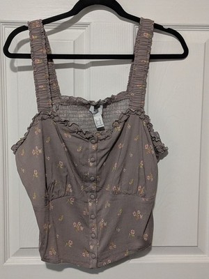Forever 21 Womens 1X Crop Top Boho Taupe Floral Cami Tank Smocked Sleeveless NWT