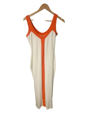 New Micas Dress Women's Sz M White/Orange Tropical Slip Maxi Sexy