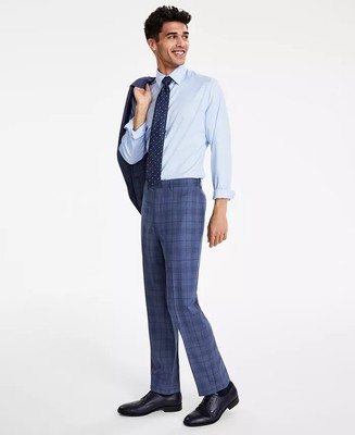 Calvin Klein Jerome Dress Pants Men 30x30 Blue Slim-Fit Wool Blend Stretch  Plaid