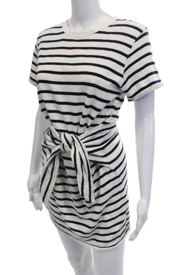 Vestido Rag & Bone para mujer cuello redondo corbata frontal rayas blanco azul marino algodón pequeño Foto 2 de 4