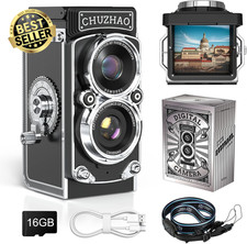 Digital Retro Mini Camera, 12MP Autofocus, 1080P Video, 16GB Card, TLR Twin-Lens