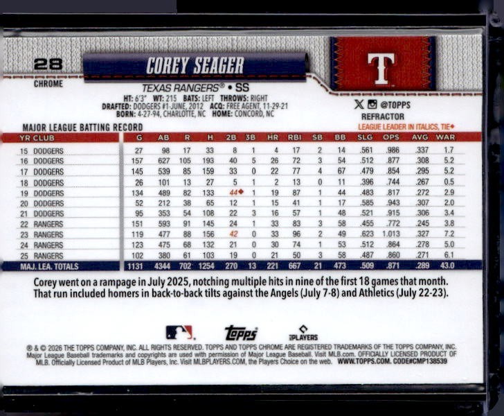 2026 Topps Chrome Corey Seager Refractor view 2