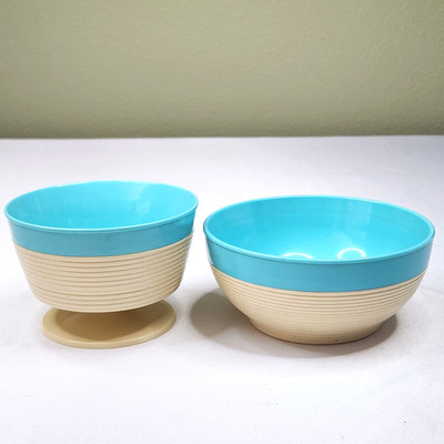 Vtg Raffiaware Thermo-Temp Bowls X2 Turquoise Plastic MCM Pedestal, Cereal