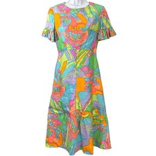 Vintage 70s Handmade Psychedelic Floral Maxi Dress Boho Mod w Flaws Talon Zipper