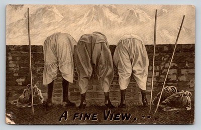 1912 ''A Fine View'' Humorous Comic Postcard - Three Men Bending Through Wall