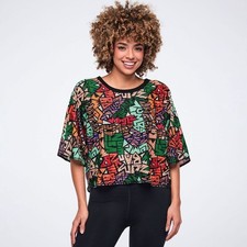 Zumba Wildbeat Boxy Dolman Crop Top - Black/Orange XS S M L XL New
