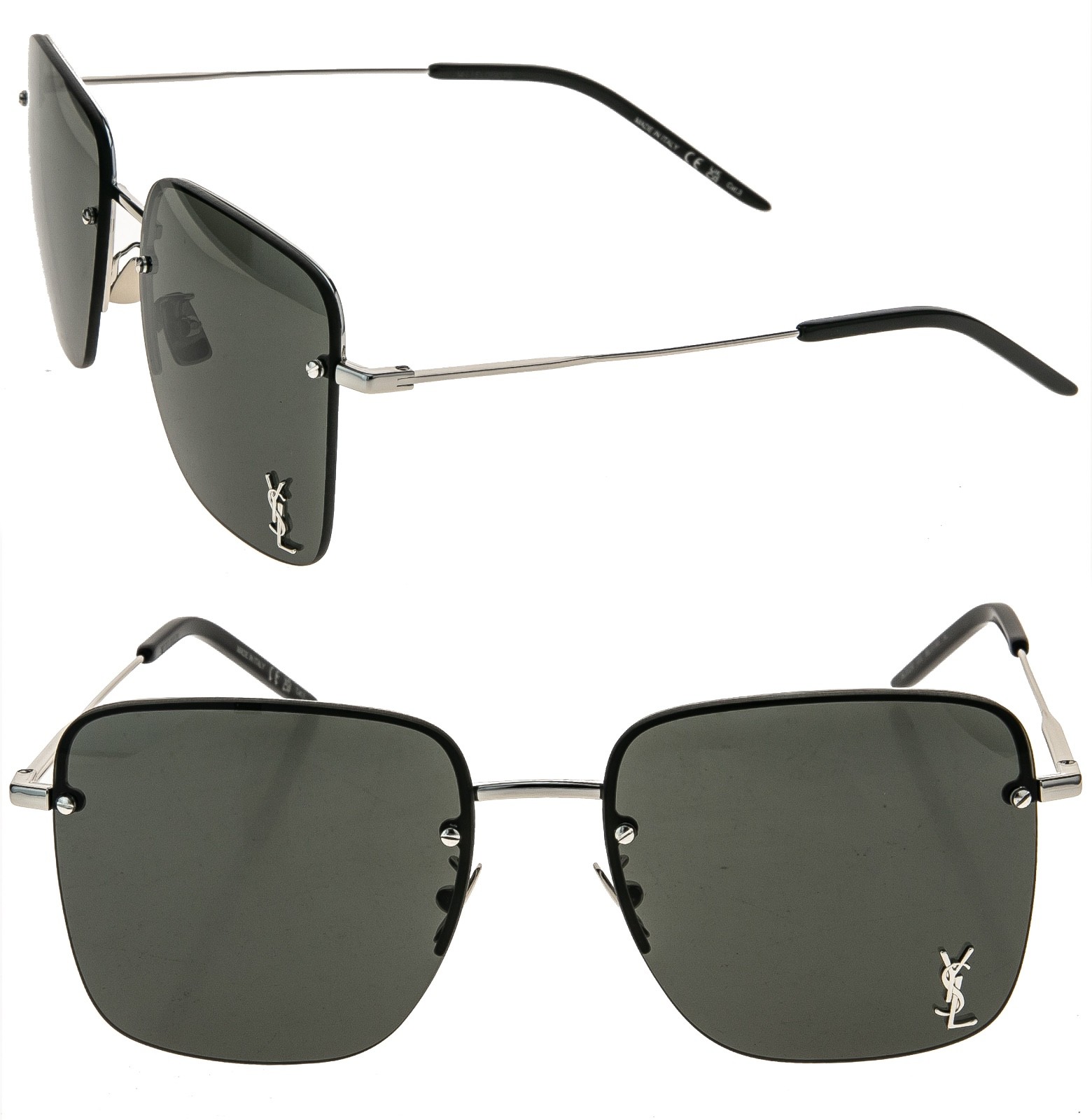 Occhiali da sole rettangolari unisex SAINT LAURENT YSL SL312M 010 argento logo nero 312