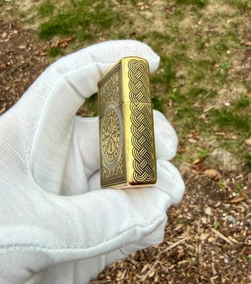 Engraved Brass Armor Zippo Helm of Awe Norse Pattern Hand Painted