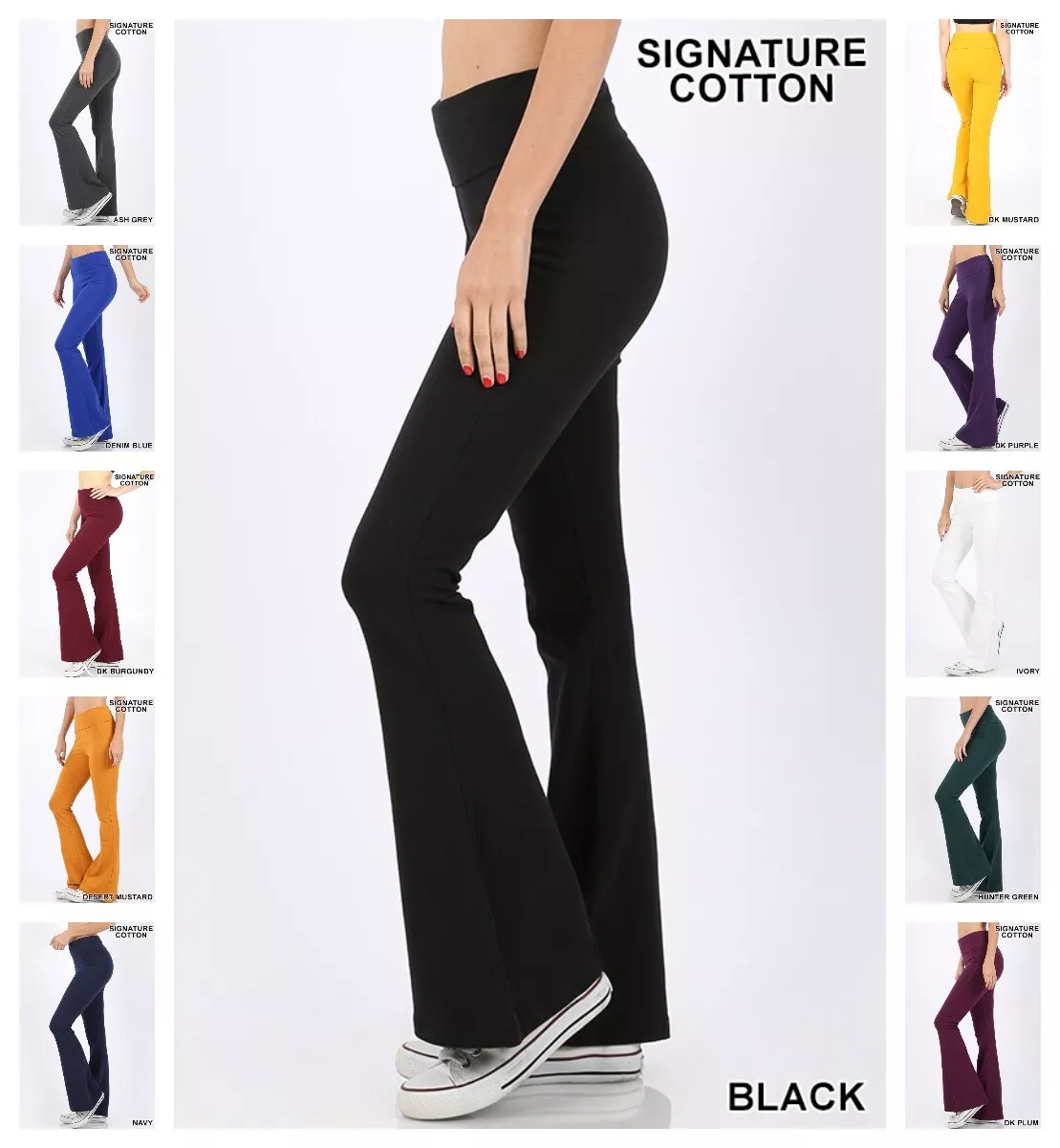 New Fold Over Hi Waist Flared Leg Cotton Stretch Pants Bell Bottoms Lounge  Yoga